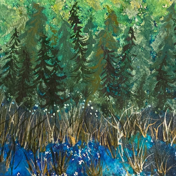 Unframed Original Art Painting Watercolour Metallics & Brusho - Forest & Water - Picture 5 of 5